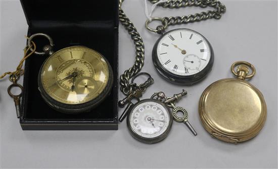 Two silver pocket watches, a silver fob watch and a gold plated hunter pocket watch.